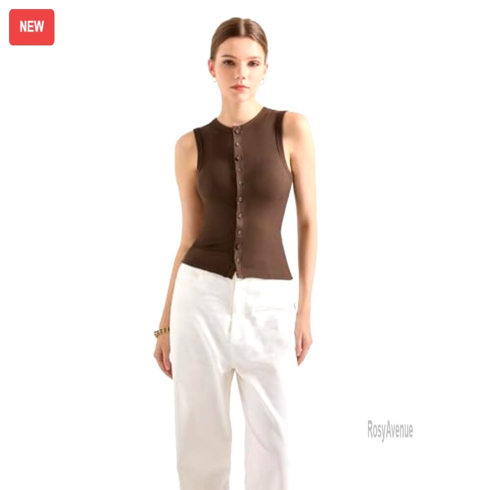 Ribbed Modal Tank Top Button Front Split Hem Y2k … - image 4